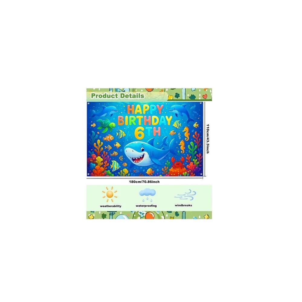 Happy 3rd Birthday Shark Backdrop Under the Sea Party Banner 71x43in New READ